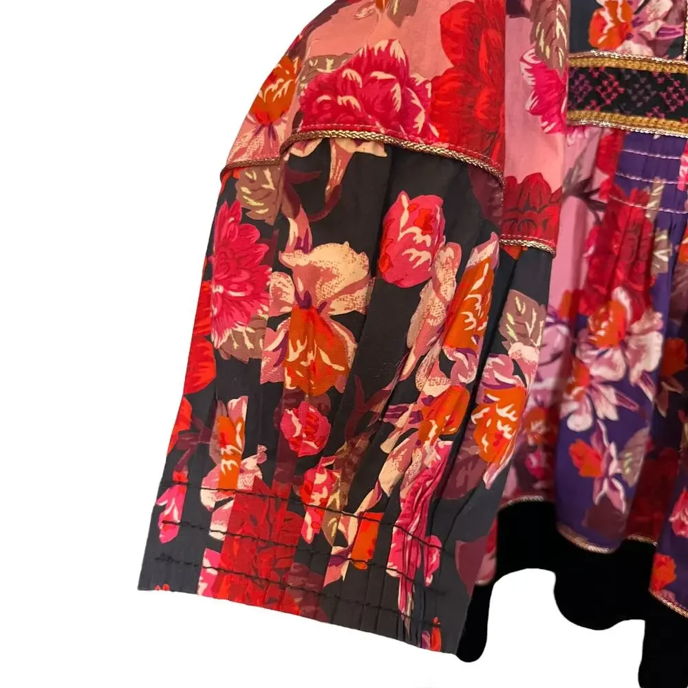 Johnny Was Jade Kimmy Smocked Floral-Print Peasant Top Embroidered Velvet Trim L